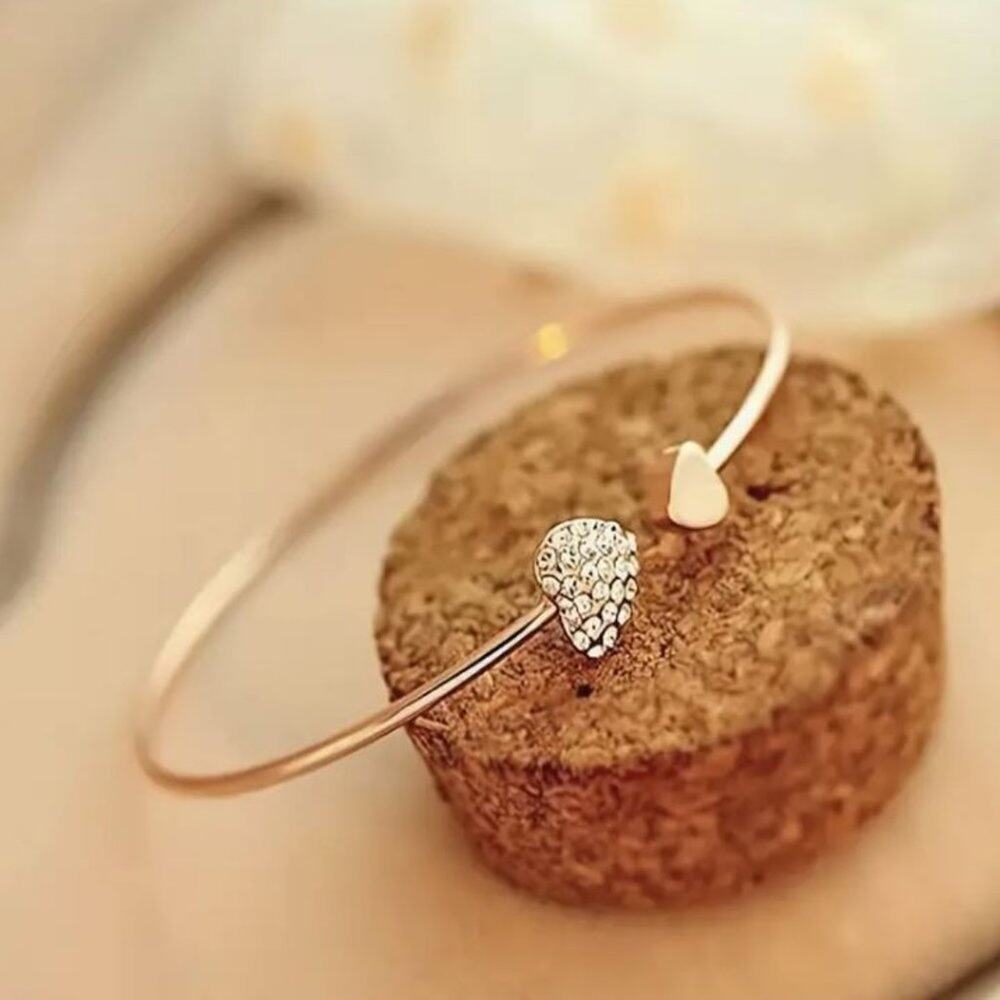 Gold Heart Bangle Bracelet Rhinestone Heart Bridal Jewelry Modern Elegant - Picture 3 of 4